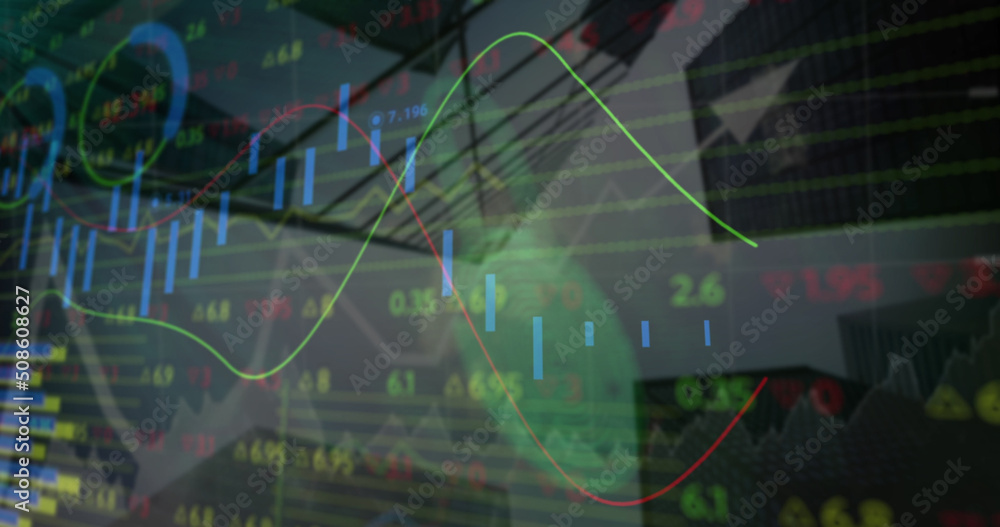 Poster image of financial data, graphs and padlock with fingerprint over architecture