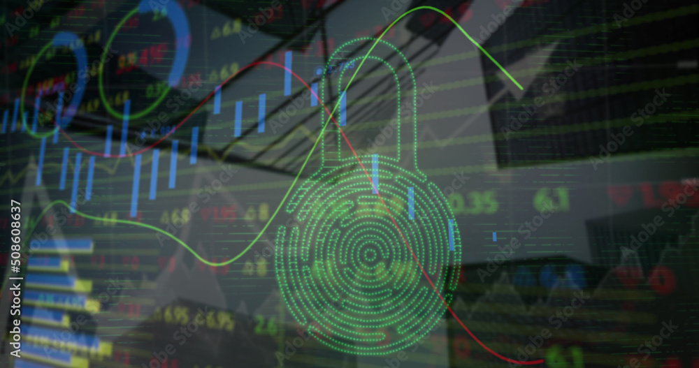 Poster image of financial data, graphs and padlock with fingerprint over architecture