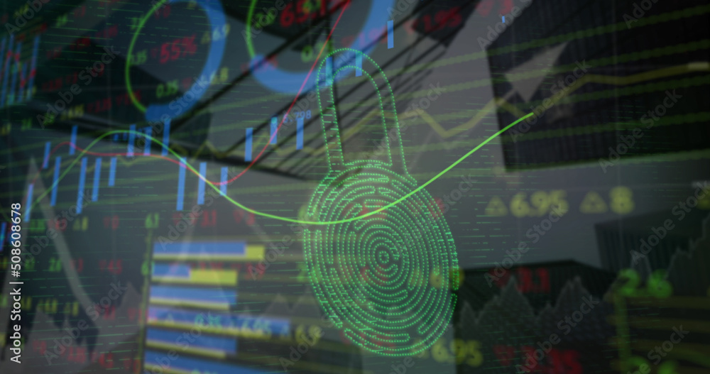Poster image of financial data, graphs and padlock with fingerprint over architecture