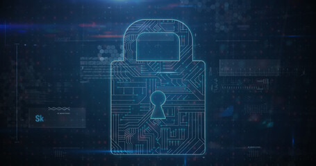 Image of warning data processing, online security padlock and circuit board