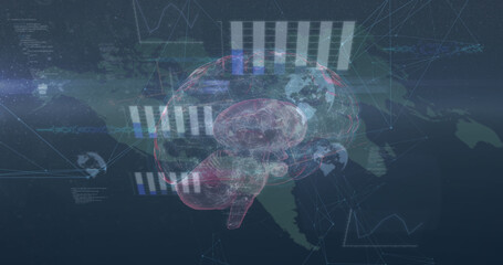 Image of icons, data and rotating brain over world map