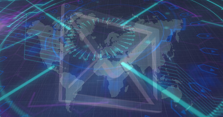 Image of processing circle and email icon over world map on navy background
