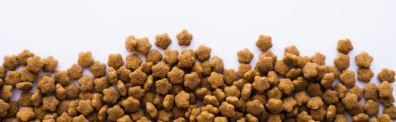 top view of nutritious and tasty pet food isolated on white, banner.