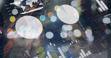 Image of graphs and financial data over caucasian male warehouse workers