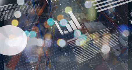 Image of graphs and financial data over caucasian male warehouse workers