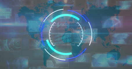 Image of processing circle and changing numbers over diverse data and world map