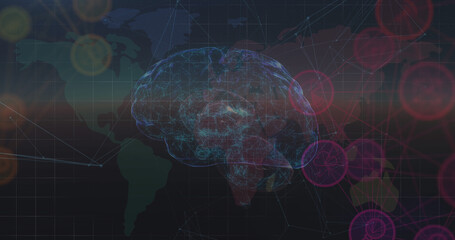 Image of rotating brain with connections over world map and diverse data