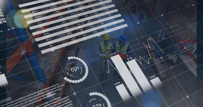 Image of graphs and financial data over caucasian male warehouse workers - Powered by Adobe