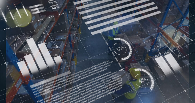 Image of graphs and financial data over caucasian male warehouse workers