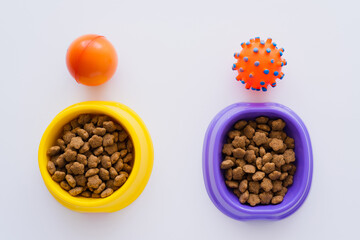 top view of rubber toys near bowls with pet food on white.
