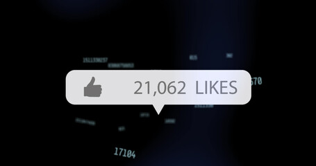 Image of social media like icon floating over changing numbers on black background