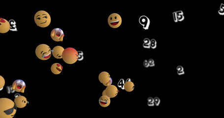 Image of emoji icons floating over numbers on black background
