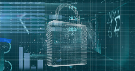 Image of financial data and graphs over digital padlock