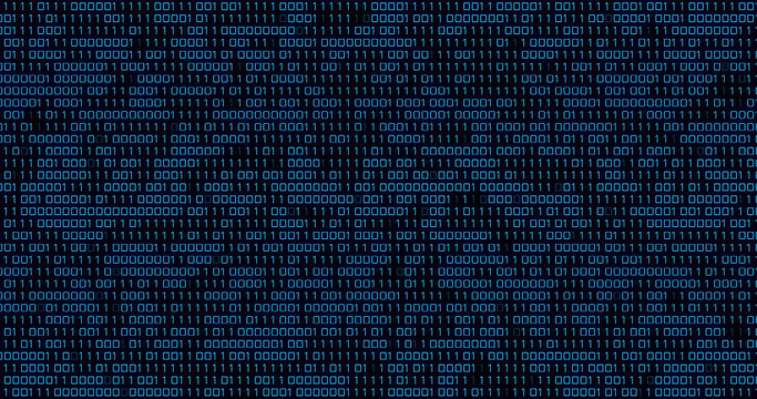 Image of blue binary code changing on black background