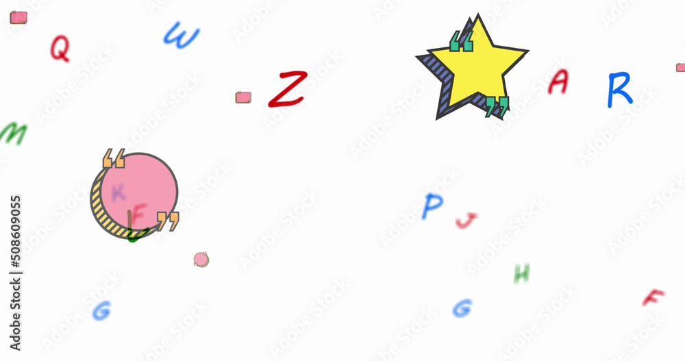 Poster digital image of colorful letters and blank text banners floating against white background