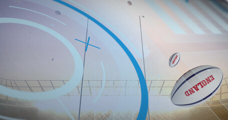 Data processing over england print on rugby balls falling against sports stadium