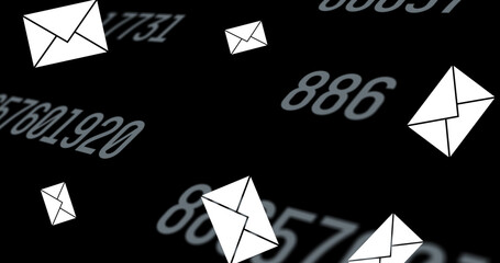 Image of envelope email icons floating and changing numbers on black background