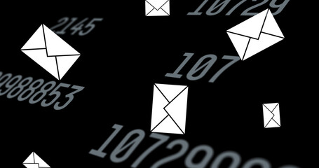 Image of envelope email icons floating and changing numbers on black background