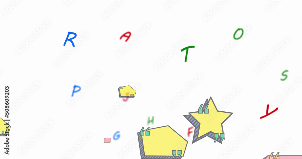 Poster digital image of colorful letters and blank text banners floating against white background