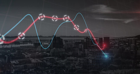 Neon statistical data processing against aerial view of cityscape at night