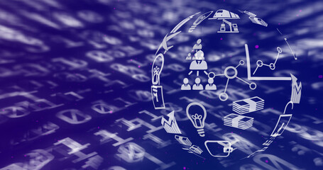 Globe of digital icons spinning against binary coding data processing on blue background