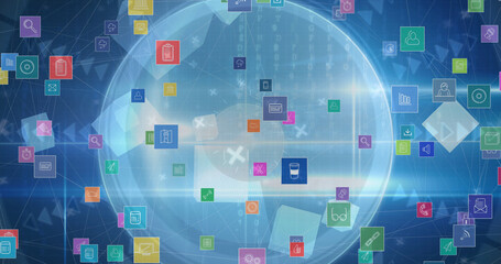 Digital image of multiple digital icons floating against round scanner on blue background