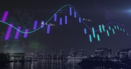 Image of statistics and financial data processing over cityscape