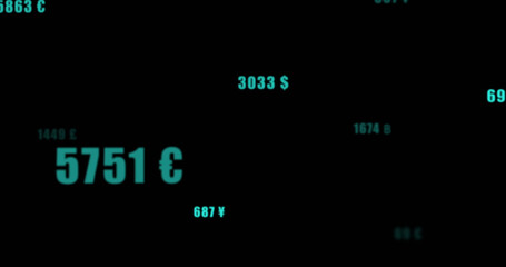 Image of numbers and currency icons on black background