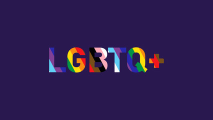 LGBTQ+ Pride Month word text LGBT community flag. Abstract background wave with Pride word glowing LGBT flag Lesbian, Gay, Bisexual, Transgender rainbow flag vector illustration