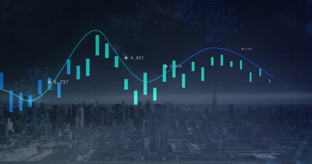 Composite image of statistical data processing against aerial view of cityscape at night