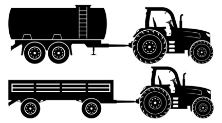 Tractor with trailer and tank silhouette on white background. Agricultural vehicle icons set view from side.