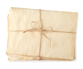 Stack of old letters wrapped with twine on white background, top view