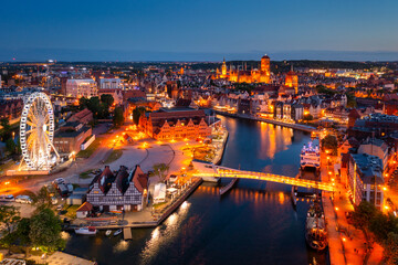Aerial view of the beautiful Gdansk city at dusk, Poland