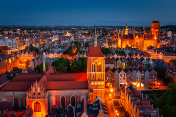 Aerial view of the beautiful Gdansk city at dusk, Poland