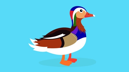 Mandarin duck stands on its paws and looks ahead