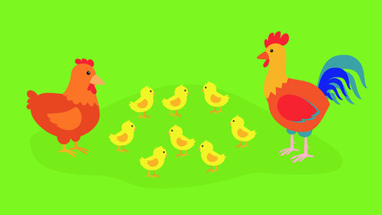 Rooster, hen and seven chicks