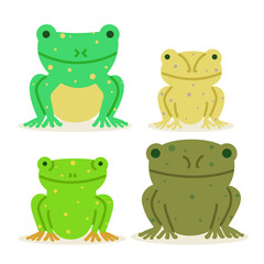 Collection set of cute frogs vector illustration. Flat exotic spotted toad, fun sitting froggy. Funny cartoon amphibian characters isolated on white background, group of animal