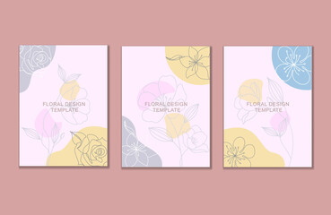 Vector floral design card greeting postcard wedding invite template elegant frame with rose line drawing and anemone flower illustration