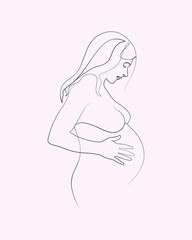 Young pregnancy woman figure and belly pregnant woman in one continuous line drawing. Healthy pregnancy and symbol in simple linear style. Concept for Happy Mother day drawing