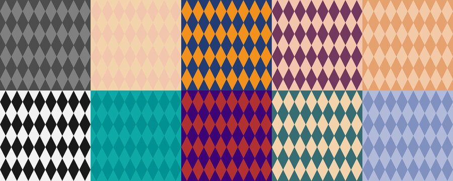 Set of Simple seamless patterns with black and white and colorful geometric rombs. Rhombus rows, ornament for wallpaper, wrapping paper, textile, fabric, package. Vector Illustration.