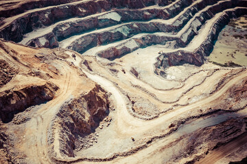 Dolomite Mine. Industrial Terraces. Aerial view of open pit mining. Excavation of the Dolomite...