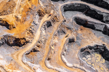 Dolomite Mine. Industrial Terraces. Aerial view of open pit mining. Excavation of the Dolomite...