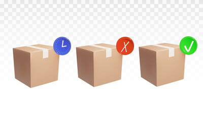 Fototapeta premium Box icon for postage, deliveries, 3 types: pending, canceled, and delivered. Isolated vector in 3d style