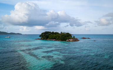 Fototapeta premium Aerial views of one of Seychelles islands, a paradise place (aerial drone photo). Seychelles