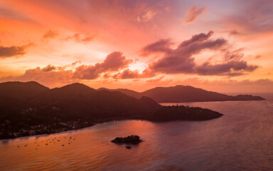 Fototapeta na wymiar Aerial views of epic Seychelles islands sunset, a paradise place (aerial drone photo). Seychelles