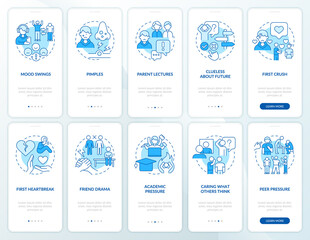 Challenges of being teenager blue onboarding mobile app screen set. Walkthrough 5 steps editable graphic instructions with linear concepts. UI, UX, GUI template. Myriad Pro-Bold, Regular fonts used