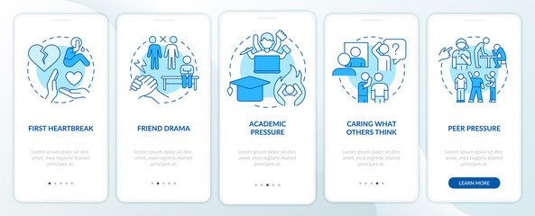 Main struggles of teenage life blue onboarding mobile app screen. Walkthrough 5 steps editable graphic instructions with linear concepts. UI, UX, GUI template. Myriad Pro-Bold, Regular fonts used