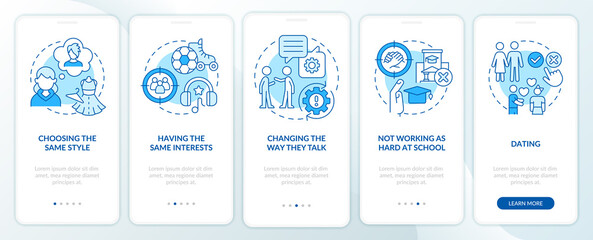 Peer influence on teenage behavior blue onboarding mobile app screen. Walkthrough 5 steps editable graphic instructions with linear concepts. UI, UX, GUI template. Myriad Pro-Bold, Regular fonts used