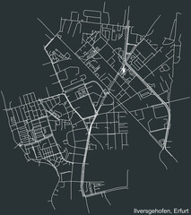 Detailed negative navigation white lines urban street roads map of the ILVERSGEHOFEN DISTRICT of the German regional capital city of Erfurt, Germany on dark gray background