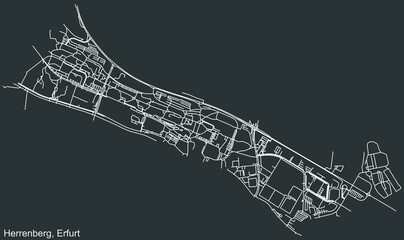Detailed negative navigation white lines urban street roads map of the HERRENBERG DISTRICT of the German regional capital city of Erfurt, Germany on dark gray background